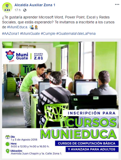 Cursos de computación gratuitos para adultos en la Ciudad de Guatemala, agosto 2018
