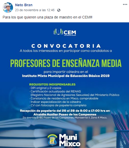 Buscan profesores para el Instituto Mixto Municipal de Educación Básica en Mixco, 2018