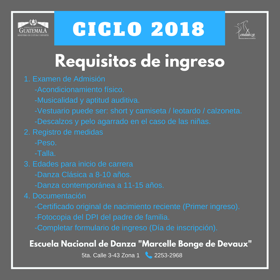 Inscripciones en la Escuela Nacional de Danza Marcelle Bonge de Devaux, Ciudad de Guatemala