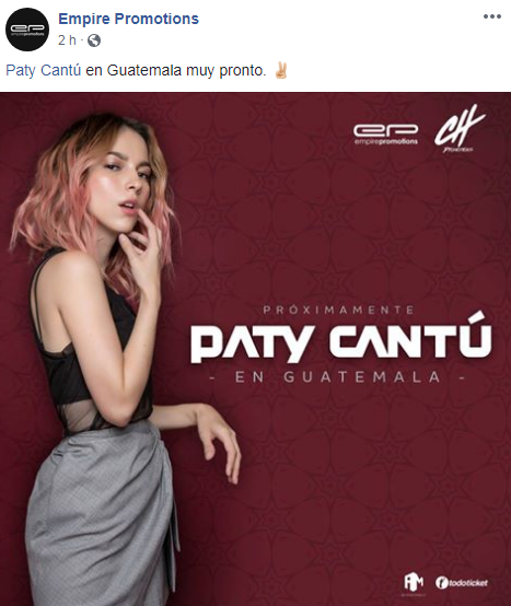 Anuncian concierto de Paty Cantú en Guatemala, 2019