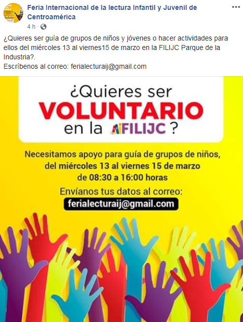 Buscan voluntarios para la Feria Internacional de la Lectura Infantil 2019 en Guatemala