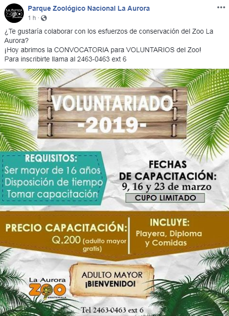 Convocatoria para ser voluntario del Zoológico La Aurora en Guatemala