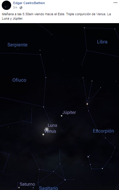 Hora para ver la conjunción de la Luna, Venus y Júpiter