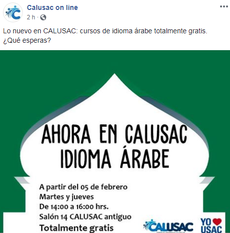 Inscripciones para el curso gratuito de idioma árabe en Calusac en 2019