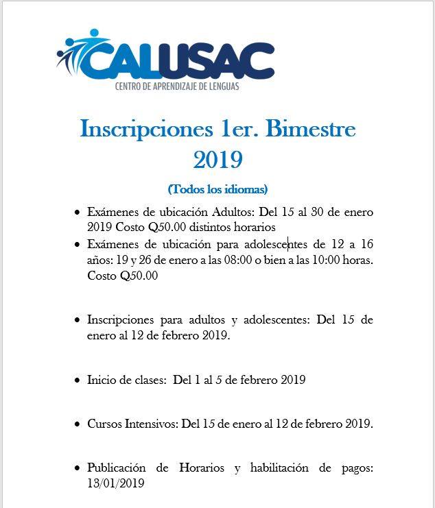 Inscripciones para los cursos en Calusac, enero 2019