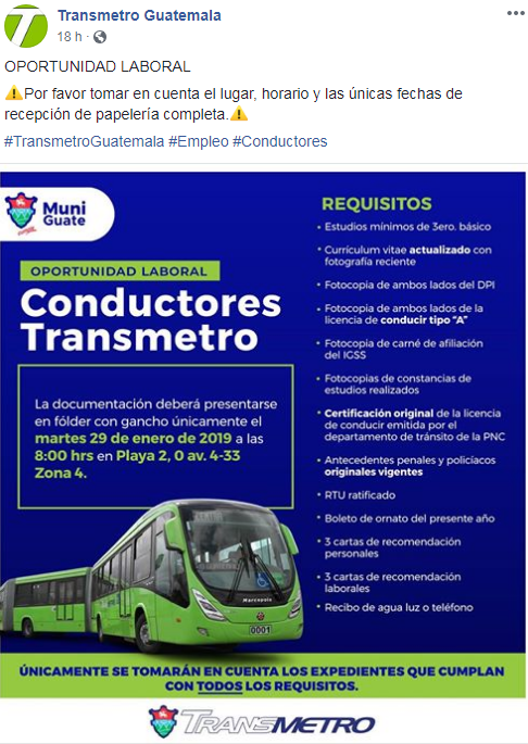 Municipalidad de Guatemala ofrece oportunidad de empleo para pilotos en enero 2019