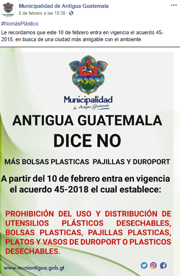 Entra en vigencia acuerdo que prohibe el uso de plásticos en Antigua Guatemala