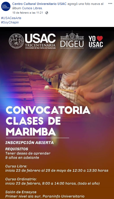 Impartirán clases gratuitas de marimba en la Ciudad de Guatemala durante el 2019