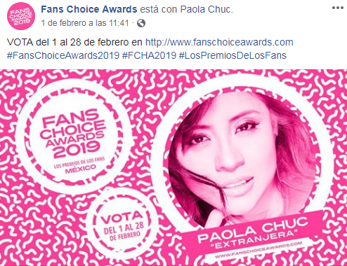 Vota por Paola Chuc en los Fans Choice Awards 2019