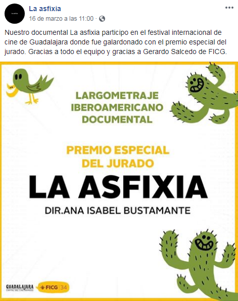 El documental La Asfixia de Ana Bustamante ganó el premio Especial del Jurado 2019