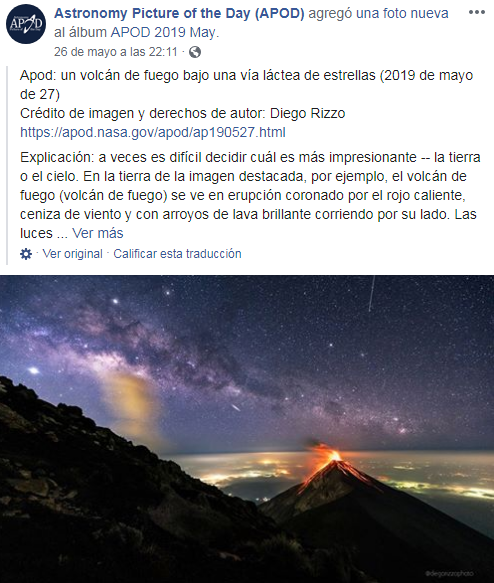 Foto de Diego Rizzo del Volcán de Fuego en Guatemala fue publicada por la NASA