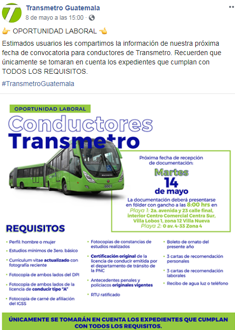 Municipalidad de Guatemala ofrece oportunidad de empleo para pilotos en mayo 2019