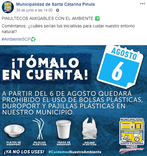 Fecha en la que Santa Catarina Pinula ya no utilizará bolsas plásticas, pajillas y duroport