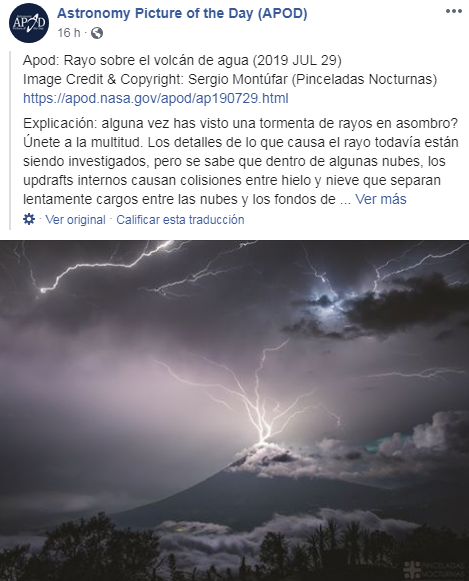 Foto de Sergio Montúfar del Volcán de Agua fue publicada por la NASA