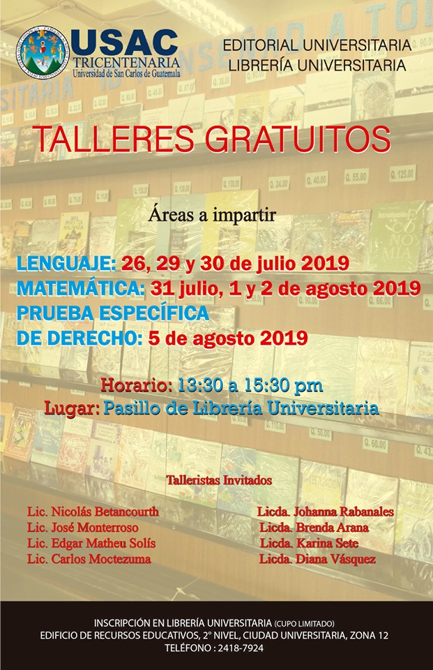Talleres gratuitos en la Universidad de San Carlos en julio y agosto de 2019