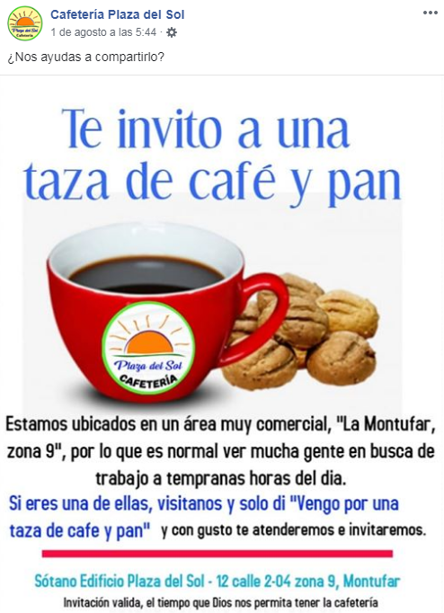 Restaurante en la Ciudad de Guatemala regala café y pan a personas que buscan empleo
