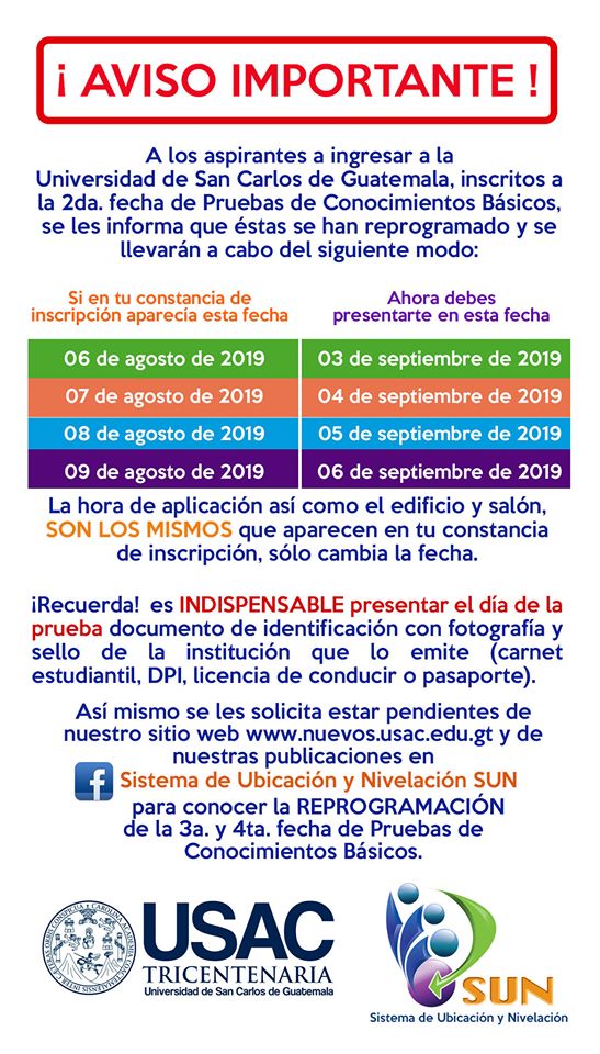 Segunda fecha para las Pruebas de Conocimientos Básicos de la USAC en septiembre 2019