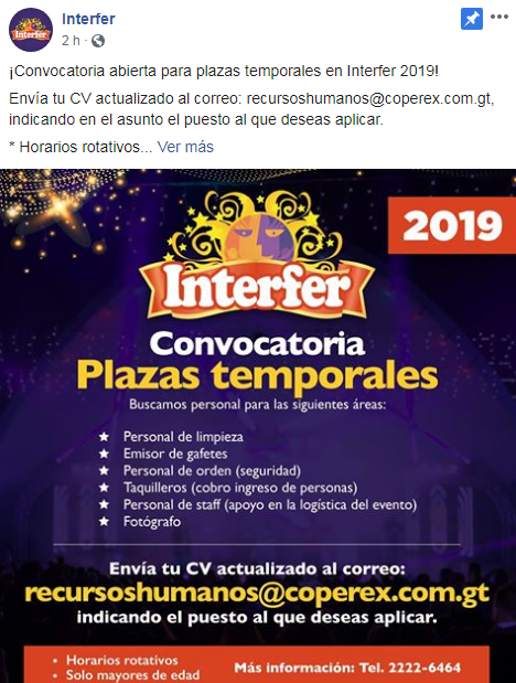 Interfer ofrece oportunidad de empleo temporal para los guatemaltecos en 2019