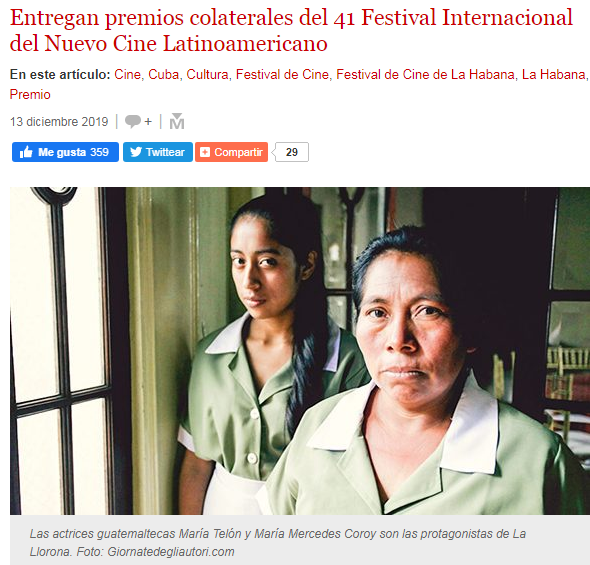 Película La Llorona ganó 3 premios en Festival Cine en La Habana 2019