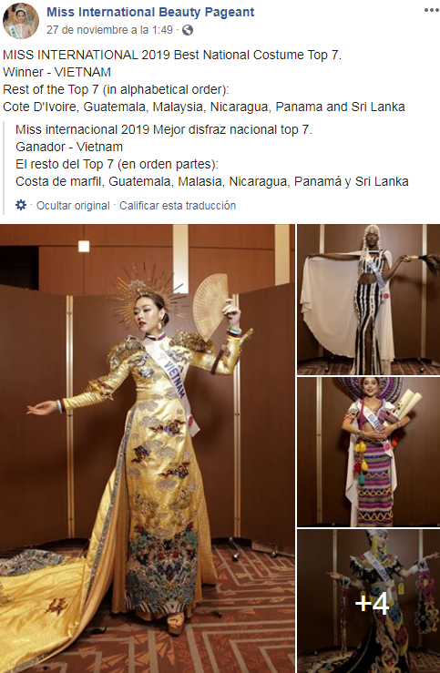 Stephanie Sical es una de las ganadoras del mejor traje nacional en Miss Internacional 2019