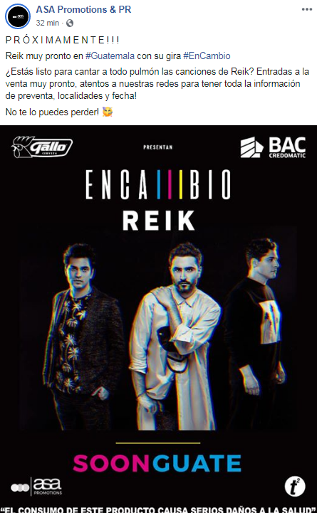 Anuncian concierto de Reik en Guatemala para el 2020