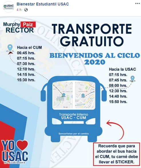 Horarios del transporte interno gratuito para estudiantes de la USAC