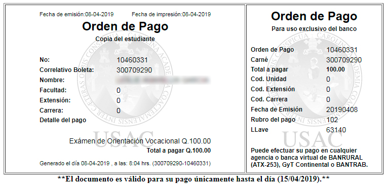 Asignaciones en línea para el Examen Vocacional de la USAC