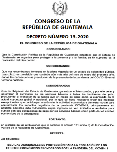 Decreto 15-2020 prohíbe el corte de los servicios básicos a los guatemaltecos