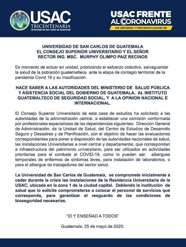USAC ofrece sus instalaciones ante la emergencia del COVID-19 en Guatemala