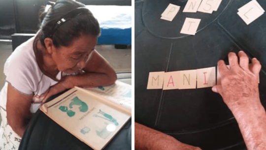 Dolores Morales, de 71 años, recibe clases para aprender a leer y escribir en Amatitlán