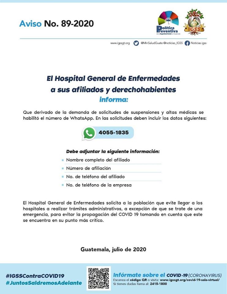Cuál es el WhatsApp para la gestión de suspensiones y altas médicas del IGSS