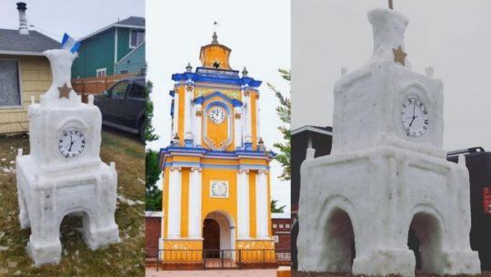 Hermanos guatemaltecos recrearon Torre de San Carlos Sija en escultura de hielo