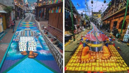 La colorida alfombra pintada en la entrada de San Juan La Laguna