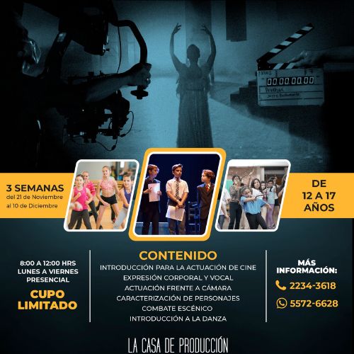 Afiche informativo del Taller de actuación para cine de La Casa de Producción en Guatemala, noviembre 2022