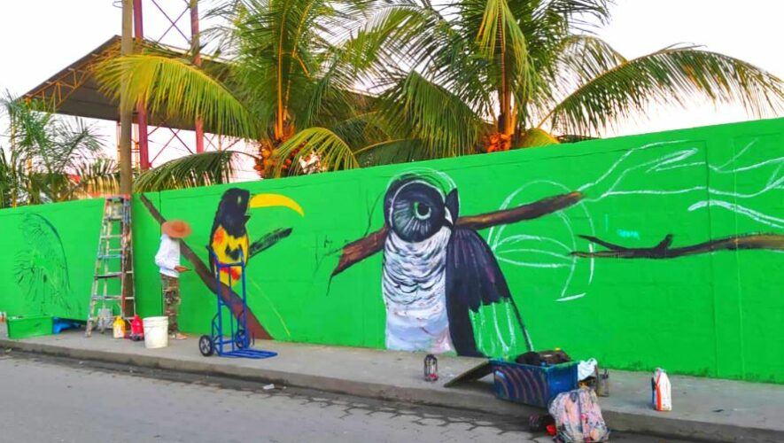 Artistas realizan murales de aves guatemaltecas en Morales Izabal