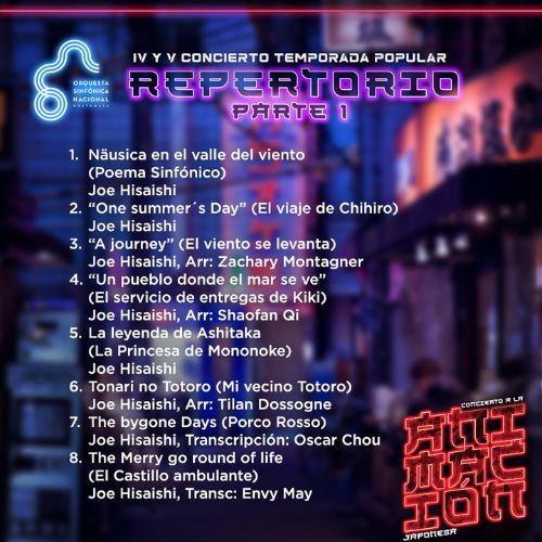Repertorio Parte I del Concierto a la Animación Japonesa de la Orquesta Sinfónica Nacional