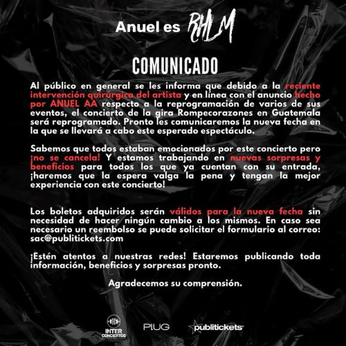 Reprogramación del concierto Anuel AA Guatemala