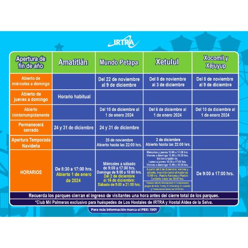 horarios de los parques del irtra para fin de año