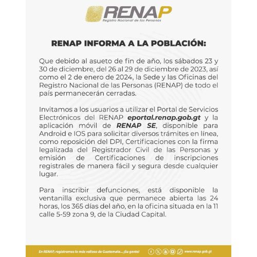 Horarios de entidades en Guatemala Renap
