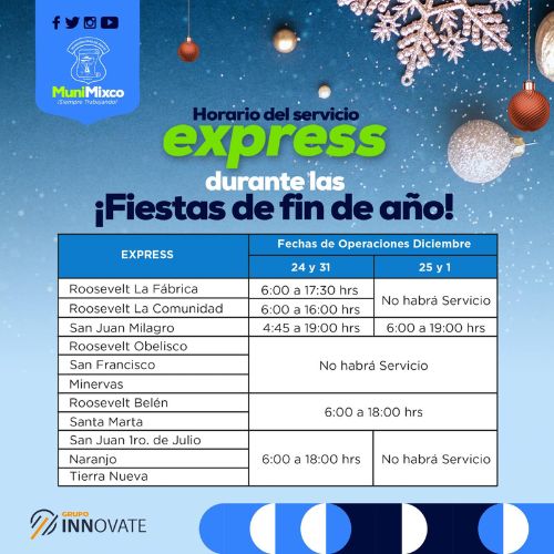 Horarios del servicio de transporte Express de Mixco para Año Nuevo diciembre 2023
