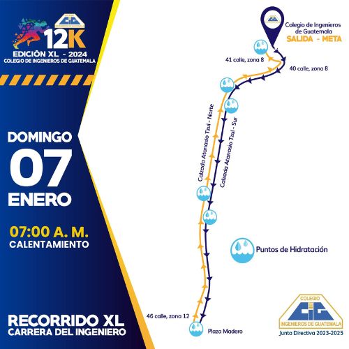 Recorrido Carrera 12K del Colegio de Ingenieros de Guatemala Enero 2024