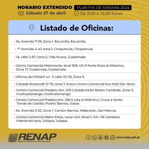 Oficinas del Renap tendrán horario extendido el sábado 27