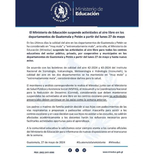 Actividades al aire libre se suspenden en Petén y Guatemala 27 de mayo