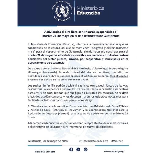 Continúan suspendidas las actividades al aire libre en el departamento de Guatemala para este martes 21 de mayo de 2024