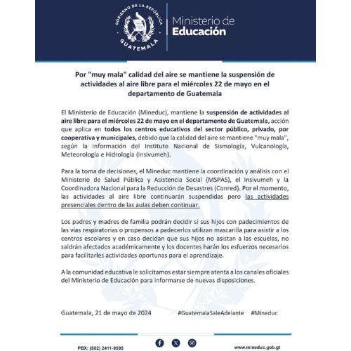 Mineduc mantiene suspensión de actividades al aire libre para el 22 de mayo Guatemala
