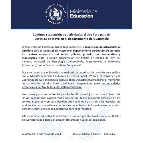 Suspensión de actividades al aire libre en Guatemala 23 de mayo