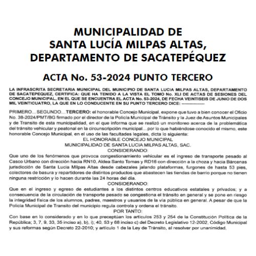 Horarios de restricción al transporte pesado en Santa Lucía Milpas Altas