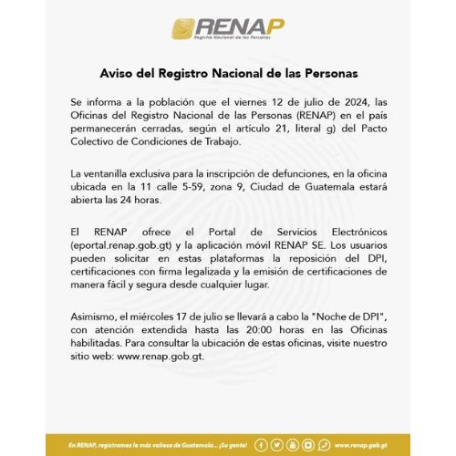 Renap oficinas cerradas el 12 de julio 2024 y segunda Noche del DPI