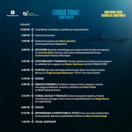 Agenda y expositores del Shark Tank Bootcamp Guatemala 2024