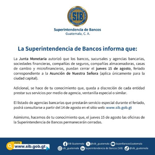 Bancos de Ciudad Guatemala cerrarán el 15 de agosto 2024 Día de la Asunción